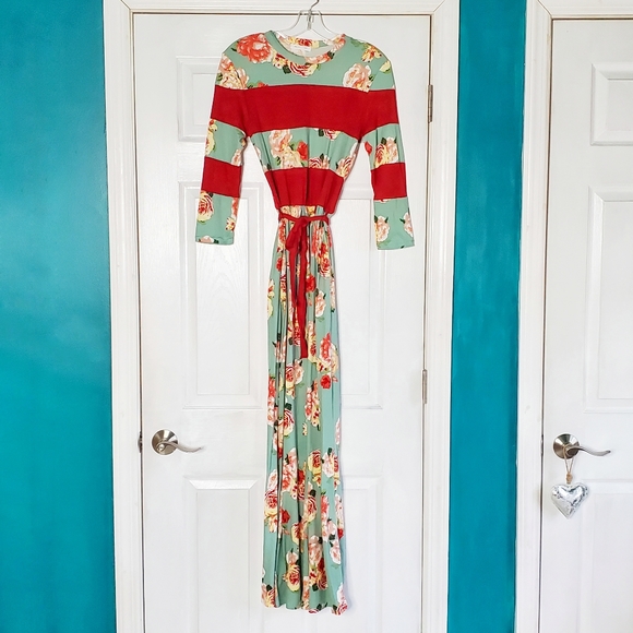 Reb & J Maxi Dress Vintage Floral Aqua  Green Red Elastic Waist NWOT Medium - Picture 10 of 16
